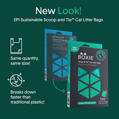 Boxie Sustainable Scoop & Tie Pet Waste Bags, 120 Count, Leak-Proof, Easy-to-Tie Handles, Eco-Friendly, Odor Control, EPI Technology, Durable for Cat Litter & Dog Waste