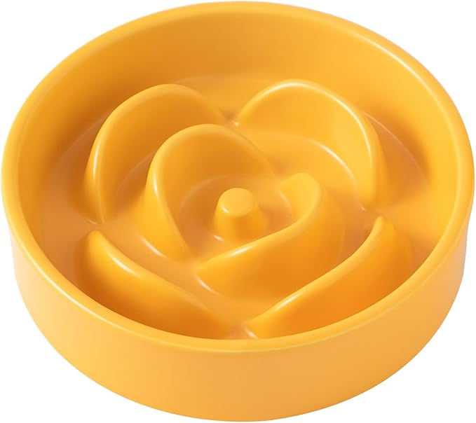 6'' Ceramic Slow Feeder Dog Bowls - Petal Shape Modern Dog Food Dish for Cats and Small Breed Dogs, Puzzle Maze Bowl to Slow Down Eating, Anti-Gulping, Dishwasher & Microwave Safe, Yellow