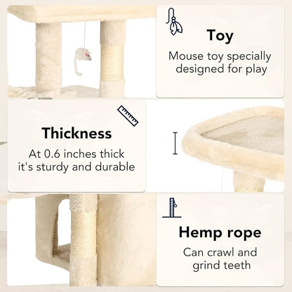 BestPet | 37" Cat Tree Tower | Beige | Sturdy Multi-Level Cat Tree with Plush Condo, Cozy Perch, Sisal Scratching Posts, Hanging Toy and Hammock | Easy Assembly | for Kittens & Adult Cats