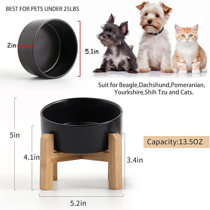 Petygooing Black Raised/Elevated 15°Slanted Ceramic Dog Bowl for Small Breeds,Tilted Anti Slip Pet Feeding Bowl,Food Water Dish with Stand for Cats and Small Dogs Puppy 13.5 OZ (5.1In /1.7 Cups)