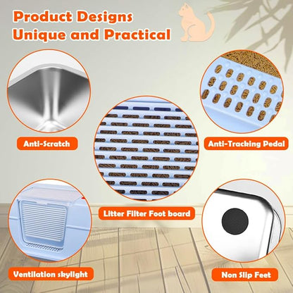 Vivifying Stainless Steel Litter Box with Lid, XL Side Entry Extra Large Litter Box for Big Cats & Kitty, Removable Enclosed Metal Cat Pan with High Sided Enclosure, Scoop, Mat, Footboard (Blue)