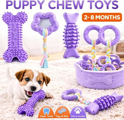 Chew Toys, 6 Pcs Soft Rubber Teething Toys for Small Dogs, Eco-Friendly Interactive Dog Toys, Teeth Cleaning, Cute Purple Design