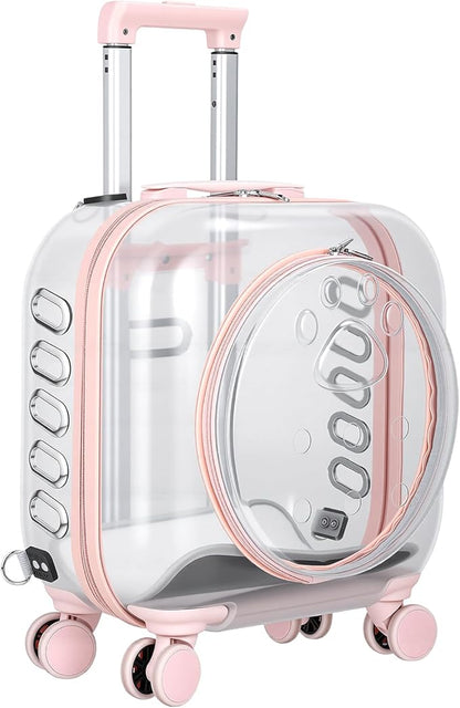 Pet Trolley Case with Ventilation Holes, Pet Carrier,Pet Rolling Carrier,Clear Window Pet Trolley Case,Pet Strollers for Small Dogs,Cat Carrier with Silent Wheels Telescopic for Travel (Pink-A)