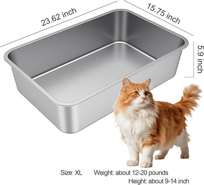 X-Large Stainless Steel Litter Box with High Sided, Metal Cat Litter Box, Odor-Free Non-Stick Litterbox Pan, Easy to Clean Pet Supplies Toilet Tray for Indoor Cats, Kittens or Multicat Homes