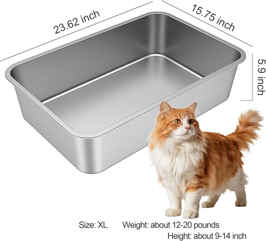 X-Large Stainless Steel Litter Box with High Sided, Metal Cat Litter Box, Odor-Free Non-Stick Litterbox Pan, Easy to Clean Pet Supplies Toilet Tray for Indoor Cats, Kittens or Multicat Homes