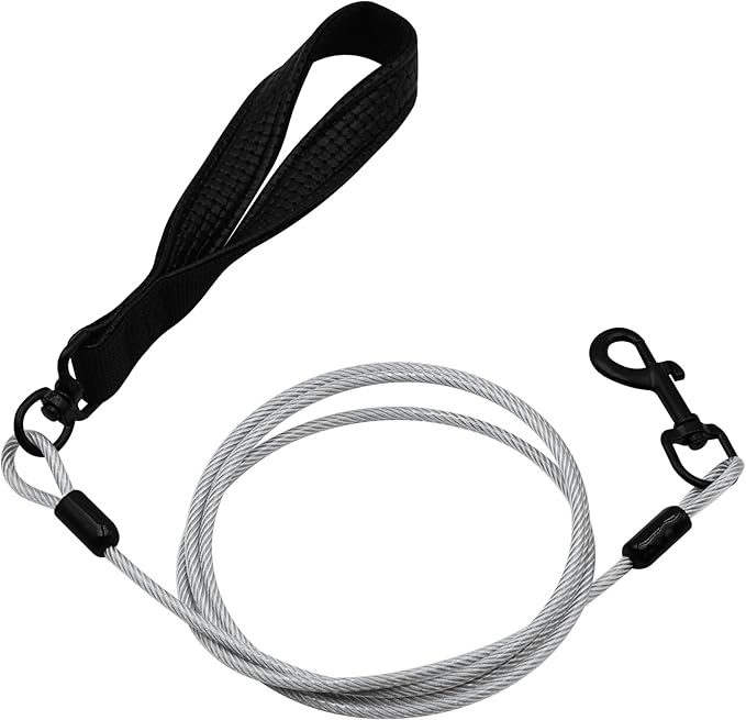 Heavy Duty Dog Leash - 6FT Metal Chew Proof, Comfortable Leather Padded Handle, Stainless Steel for Control - Silver