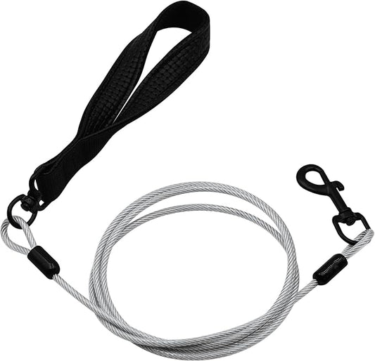 Heavy Duty Dog Leash - 6FT Metal Chew Proof, Comfortable Leather Padded Handle, Stainless Steel for Control - Silver