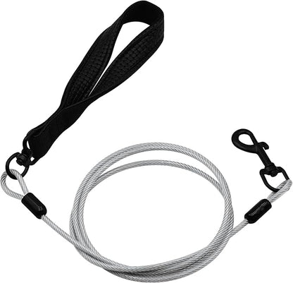 5FT Heavy Duty Dog Leash for Large Dogs, Metal Chew Proof Dog Leash with Comfortable Leather Padded Handle, Stainless Steel Leash for Control Medium Small Dogs Training Walk Run -Silver(5FT)