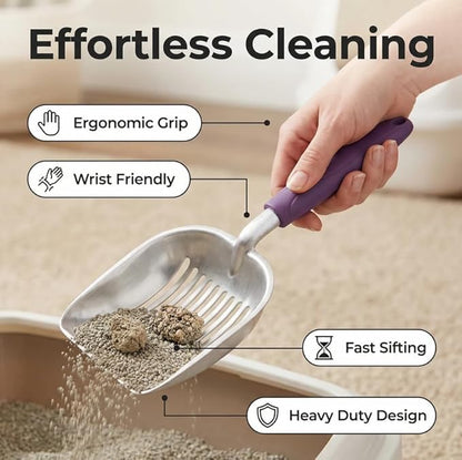 Heavy Duty Cat Litter Scoop with Holder - All Metal Cat Litter Scooper with Holder - Speed Sifter Litter Box Scooper Captures All Clumps - Aluminum Cats Litter Scooper (Purple)