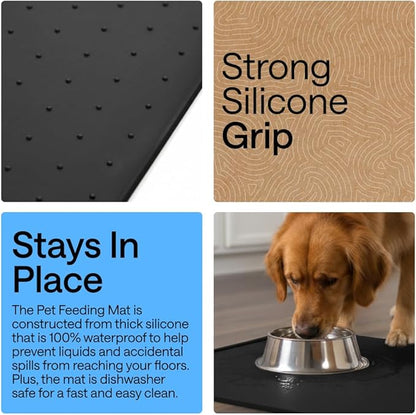 GORILLA GRIP 100% Waterproof Raised Edge BPA Free Silicone Pet Feeding Mat, Dog Cat Food Mats Contain Spills Protects Floors, Placemats for Cats and Dogs Water Bowl, Pets Accessories 16x10, Black