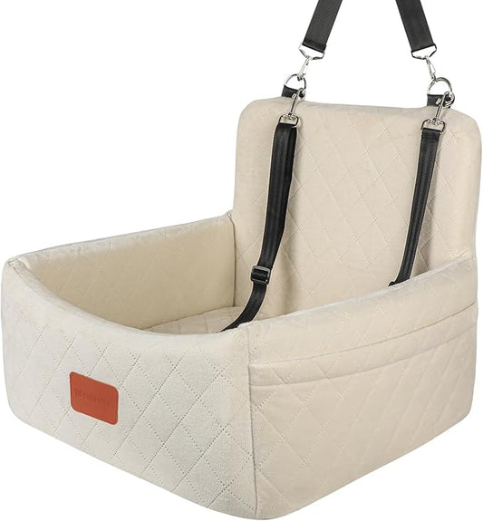 WOOAIDAGG Dog Car Seat for Under 30lbs Dogs,Comfy Febric Fill in Memory Foam,Washable and Detachable Pet Travel Car Bed,Anti-Slip Bottom,2 Safety Leashes & Storage Pockets(Beige)