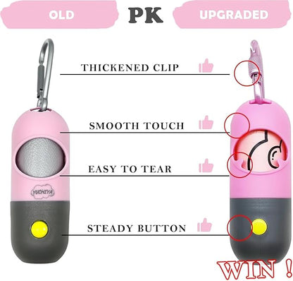 Dog Poop Bags Holder with LED Flashlight|Pet Waste Bags Dispenser for Leash|Doggie Potty Bags Container with Leak-proof Pet Trash Bags and Accessories (1 Holder 15 Bags, Pink)