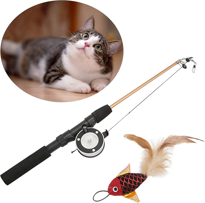 Cat Plume Teaser Wand Toy, Cat Wand Toy, Interactive Retractable Fishing Pole Wand Catcher Exerciser, Fun Toy for Cat Exercise(Red Fish + Fishing Rod), Cat Wand Toy, Cat Plume Teaser Wand Toy, Int