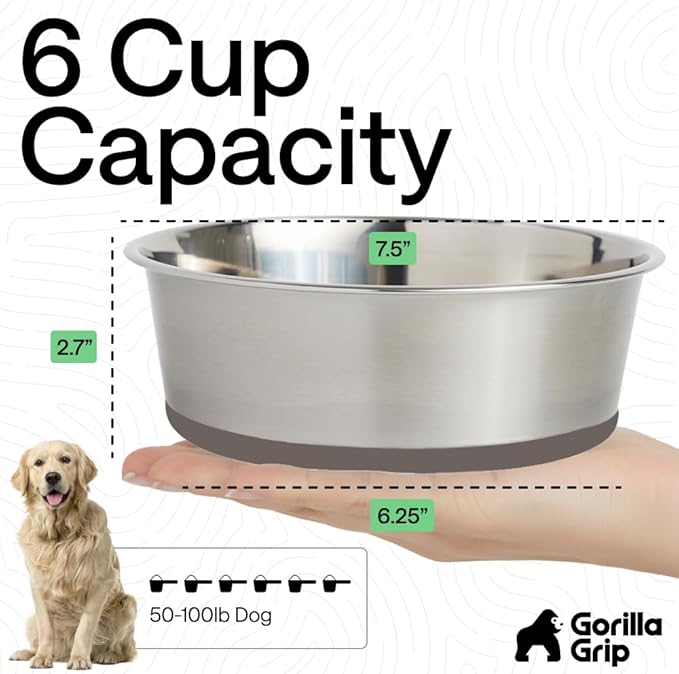 GORILLA GRIP Dog Bowls, Food Grade 304 Stainless Steel, Holds 6 Cups Each (48 fl oz) Food and Water Bowl for Feeding Dogs and Cats, Dishwasher Safe, Rust Resistant, BPA Free Rubber Base Set of 2 Beige