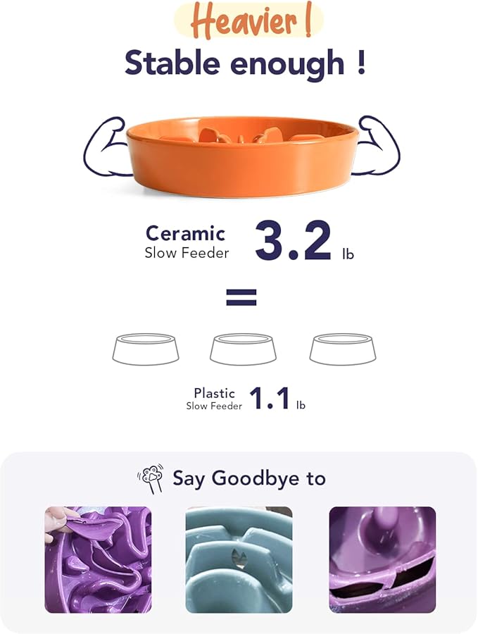 LE TAUCI Ceramic Slow Feed Dog Bowls with Wooden Stand, Anti-Gulping, Non-Slip, Easy to Clean, Dishwasher Safe, 8 Inch