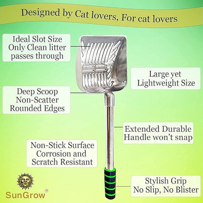 SunGrow Cat Litter Scoop, Stainless Steel Long Handle Chicken Coop Poop Scooper, Comfortable 9” Handle, 5” Wide Mouth, Narrow Slits and High Sides Metal Sifter, for Litter Boxes or Gardening