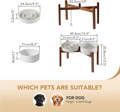Ceramic 3.2 Cup Raised Slow Feeder Dog Bowl Set, Elevated 8.2inch Bowl and 9.5inch Dish with Acacia Wood Stand for Large Dog, Stop Bloat(2 x Reactived Glaze -White+ Stand)
