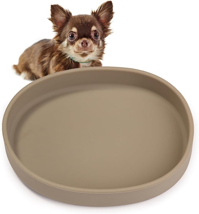 VCEPJH Silicone Dog Plates for Food Shallow Pet Bowl Flat Puppy Food Bowl Whisker Fatigue Cat Feeding Bowls Noiseless Dishes for Dry and Wet Food (Square-Round Brown)