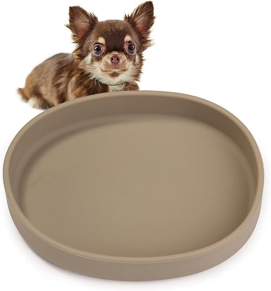 VCEPJH Silicone Dog Plates for Food Shallow Pet Bowl Flat Puppy Food Bowl Whisker Fatigue Cat Feeding Bowls Noiseless Dishes for Dry and Wet Food (Square-Round Brown)