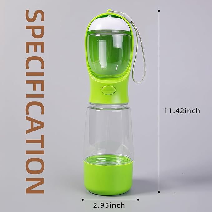 3-in-1 Dog Water Bottle Portable Leak Proof Pet Water Dispenser with Built-in Snack Storage & Waste Bag Holder 14oz for Outdoor Walking, Hiking Travel Green