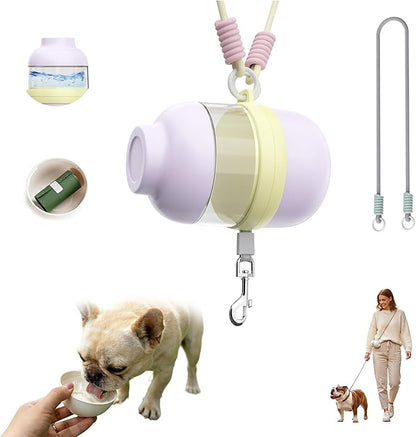 Dog Water Bottle Portable with Hands Free Leash, 3 in 1 Dog Water Bottles for Walking with Crossbody Strap, Retractable Leash & Treat Poop Bag Dispenser for Small Dogs Travel Hiking(Pale Purple)