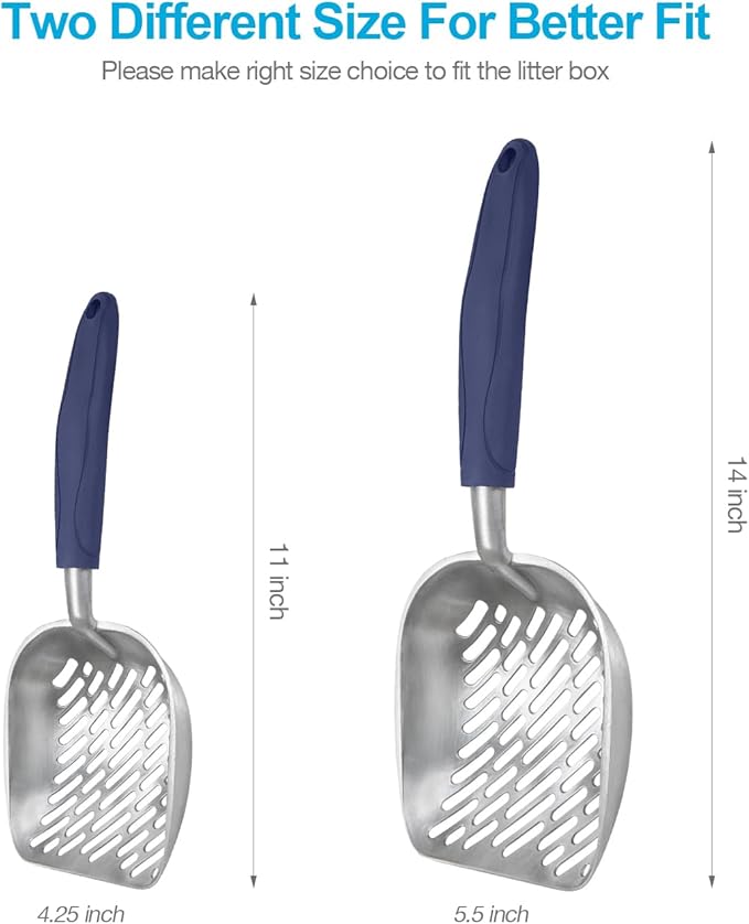 WePet Cat Litter Scoop, Aluminum Alloy Sifter, Kitty Metal Scooper, Deep Shovel with Diagonal Sifting Hole, Long Handle, Kitten Poop Lifter for Litter Box, Medium Size, Blue Handle