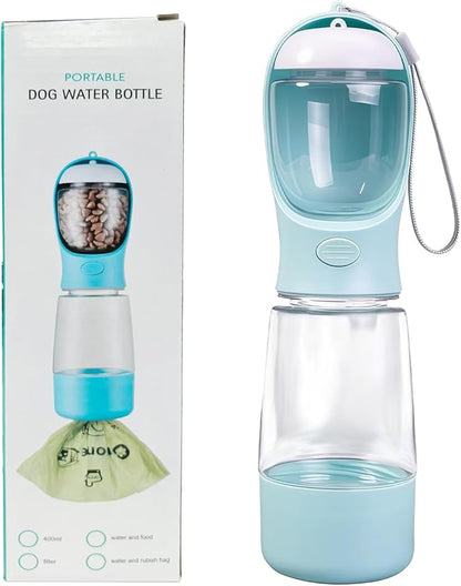 3-in-1 Dog Water Bottle Portable Leak Proof Pet Water Dispenser with Built-in Snack Storage & Waste Bag Holder 14oz for Outdoor Walking, Hiking Travel Blue