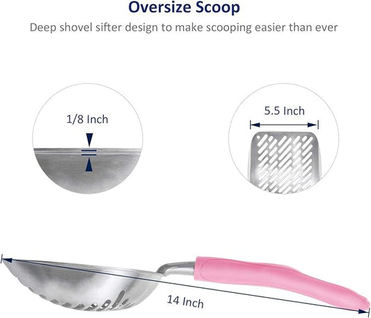 WePet Cat Litter Scoop, Aluminum Alloy Sifter, Kitty Metal Scooper, Deep Shovel with Diagonal Sifting Hole, Long Handle, Kitten Poop Lifter for Litter Box, Large Size, Pink Handle
