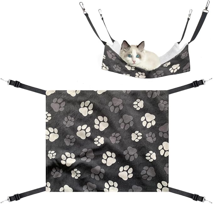 WIRESTER Reversible Cat Hanging Hammock 22.8 x 18.9 Inch, Pet Cage Hammock Bed with Adjustable Straps, Soft Sleeping Hammock for Cat, Ferret, Puppy Dog, Rabbit, Small Animals - Dog Paws