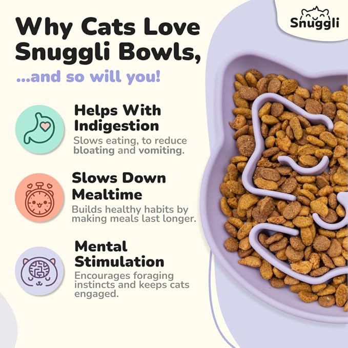 Snuggli Slow Feeder Cat Bowl | Cat Puzzle Feeder for Slow Eating, Mental Enrichment, Digestion, & Bloat Relief | Non-Slip Silicone, Dishwasher Safe, 1 Cup (Lavender)
