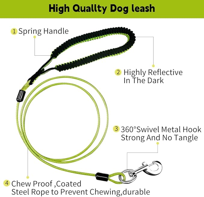 Heavy Duty Dog Leash, Chew Proof Metal Leash for Large Dogs (Up to 250lbs), WireRope Dog Leashes with Soft Silicone Grip (Green, 5 FT)