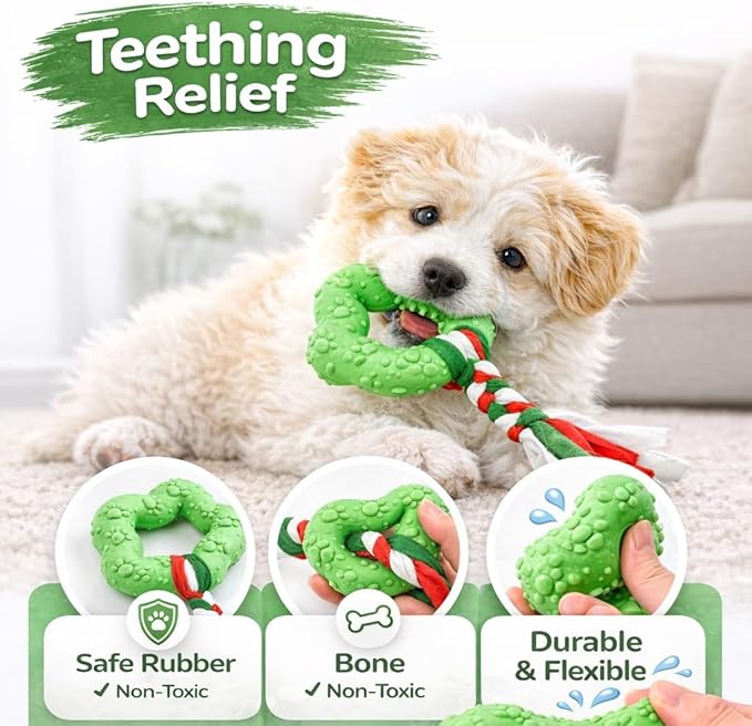 Puppy Chew Toys, 6 Pcs Teething for Small Breed, Soft Rubber Cute Green Dog Toys, Eco-Friendly, Teeth Cleaning, Interactive Tiny Toys for Small Dog,(Basket not Included)