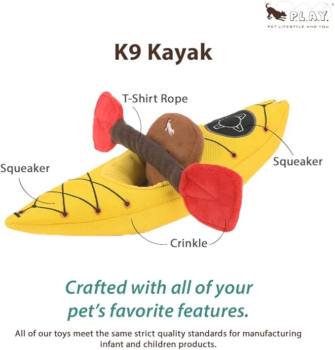 P.L.A.Y. Cute Plush Dog Toys - Camping, Outdoor Themed Durable Squeaker Chew Toy, Great for Puppies & Small, Medium, Large Dogs - Machine Washable, Recycled Materials (Camp Corbin K9 Kayak)