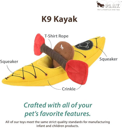 P.L.A.Y. Cute Plush Dog Toys - Camping, Outdoor Themed Durable Squeaker Chew Toy, Great for Puppies & Small, Medium, Large Dogs - Machine Washable, Recycled Materials (Camp Corbin K9 Kayak)