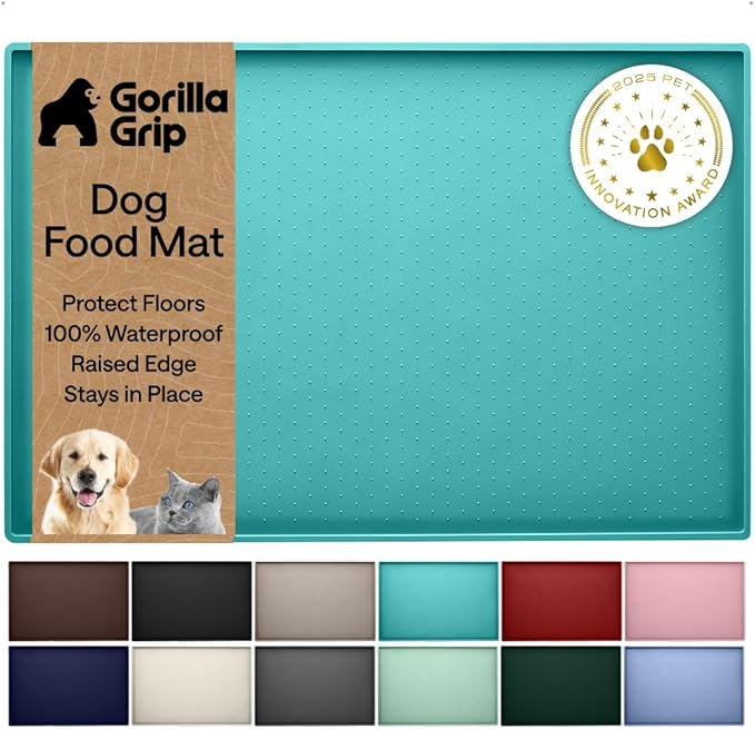 GORILLA GRIP 100% Waterproof Raised Edge BPA Free Silicone Pet Feeding Mat, Dog Cat Food Mats Contain Spills Protects Floors Placemats for Cats and Dogs Water Bowl Pets Accessories 18.5x11.5 Turquoise