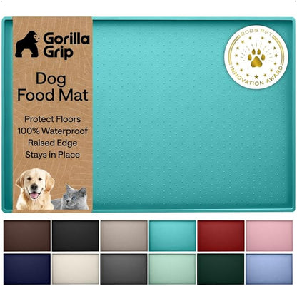 GORILLA GRIP 100% Waterproof Raised Edge BPA Free Silicone Pet Feeding Mat, Dog Cat Food Mats Contain Spills Protects Floors, Placemats for Cats and Dogs Water Bowl, Pets Accessories 23x15 Turquoise