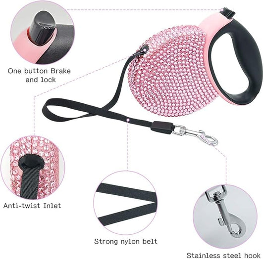 Pink Rhinestone Retractable Dog Leash Bling 10ft, Sparkle Sparkling Pet Cat Leash for Small Breed, Bling Crystal Small Dog Leash Cute, Girl Dog Lead Waste Bags Dispenser Included, 360° Tangle-Free