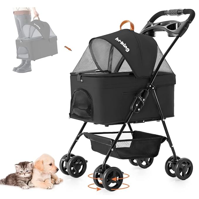 3-in-1 Pet Stroller for Small Dogs and Cats, Folding Lightweight Dog Stroller with Detachable Carrier Portable Cat Puppy Jogging Stroller with Cup Holder and Storage Basket, 4 Wheels