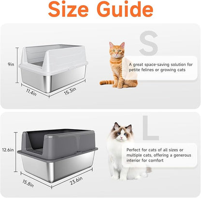 Stainless Steel Cat Litter Box, Odor Free Metal Litter Box with High Sides Lid, Open Top Low Entry Litter Pan Include Scoop Easy Cleaning Anti-Scratch Kitty Cat Box Anti-Urine Leakage, Non-Sticky, M
