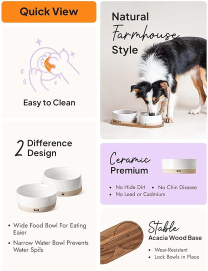 LE TAUCI PET Ceramic Dog Bowls for Medium Small Dogs - 3.2 Cup Medium Dog Food and Water Bowls with Acacia Wood Tray, Dual Food and Water Bowls with Weighted Non-Slip Base