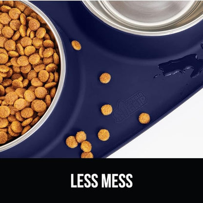 GORILLA GRIP Feeding Mat Bowl Set, 100% Waterproof BPA Free Silicone, 304 Stainless Steel Cat and Dog Bowls for Food and Water, Slip Resistant, High Edge, US Designed, Patent Pending, 1 Cup Navy Blue