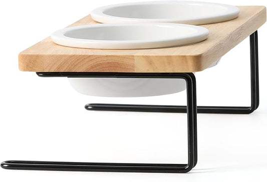 FUKUMARU Elevated Cat Ceramic Bowls, Small Dog Raised Food Feeding Dishes, Solid Wood Water Stand Feeder Set for Cats and Puppy