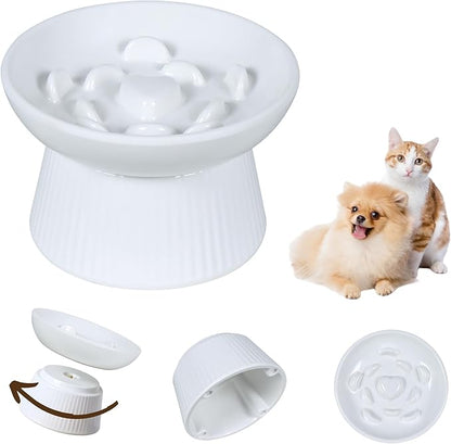 Unbreakable Raised Slow Feeder Bowl for Cats and Small Dogs, Elevated Cat Bowls, Detachable Slow Feede Bowl, Heavy Weighted, Non-Slip Feeder, Dry & Wet Food, Whisker Friendly Flat Plates (White