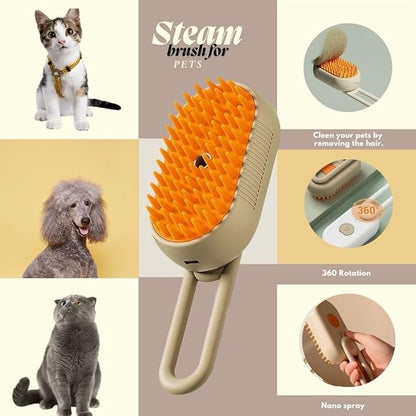 3-in-1 Steam Pet Brush for Cats & Dogs – Self-Cleaning Grooming Comb with Spray Mist, Massage & Shedding, Rechargeable USB, Anti-Static, Foldable Handle – Kakhi