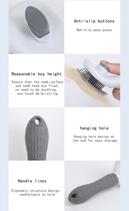 Cat Brush with Release Button, universal for cats and dogs, one click release, brush and flea comb combination set，Pet Hair Comb Tear Stay Removal, knotted skin floating hair tangled fleas (Grey)