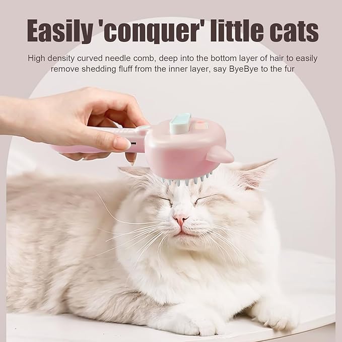 Pet Steam Spray Brush, 4-in-1 Steam Cat Brush with Handle, Rubber Pet Spray Brush, Rubber Pet Spray Brush with Release Button, Dog Comb with Longhair & Shorthair Cat & Dog Cleaner (Yellow)