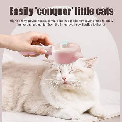Pet Steam Spray Brush, 4-in-1 Steam Cat Brush with Handle, Rubber Pet Spray Brush, Rubber Pet Spray Brush with Release Button, Dog Comb with Longhair & Shorthair Cat & Dog Cleaner (Yellow)