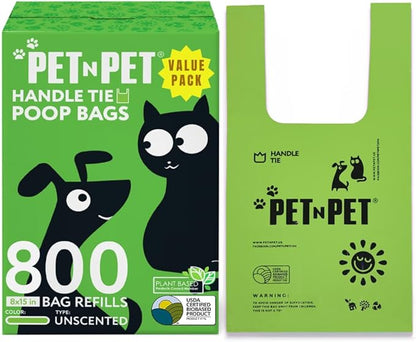 Pet N Pet 800 Counts Unscented Dog Poop Bags Rolls with Tie Handles, 41% Plant Based & 59% PE Poop Bags for Dogs, Extra-Thick Doggie Poo Bag, Pet Waste Bag