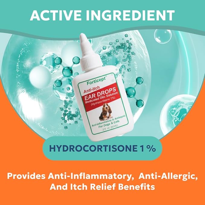 Forticept Dog and Cat Ear Infection Treatment, Dog Ear Drops with 1% Hydrocortisone 2 oz