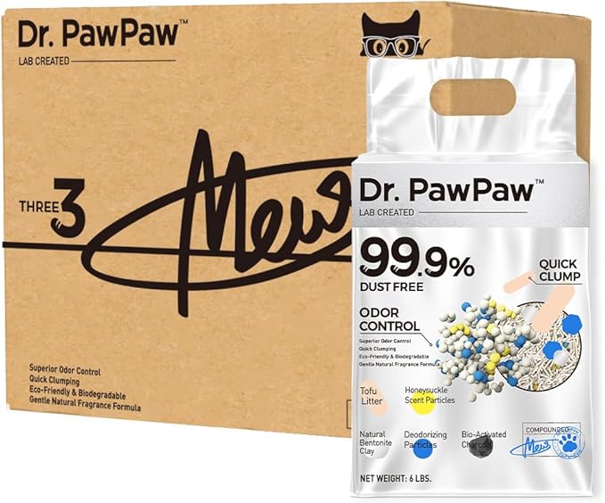 Tofu Cat Litter, Dr. PawPaw Clumping Cat Litter, Honeysuckle Scent 18 lb (3 x 6 lb Bags), Dust-Free Keep Kitty Tidy, Superior Odor Control Keep Step Fresh